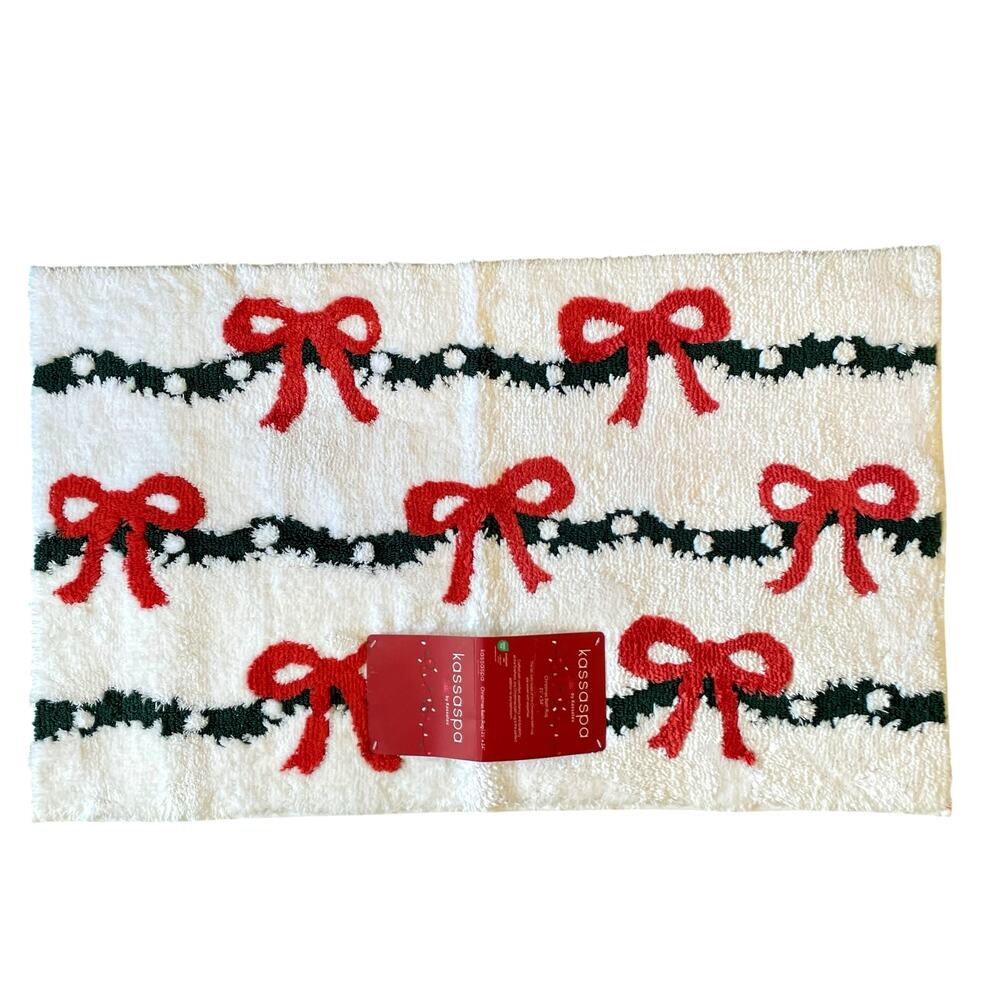 Kassaspa Christmas Bow Garland Bath Rug 21x34 White Red Green Christmas Holiday